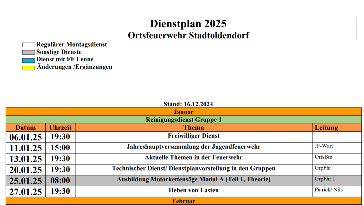 Der Dienstplan der Ortsfeuerwehr Stadtoldendorf für das Jahr 2025 ist online