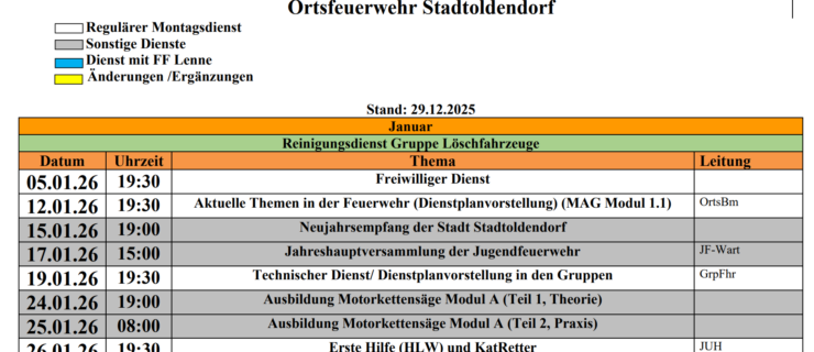 Neuer Dienstplan der Ortsfeuerwehr Stadtoldendorf für 2026 ist online.