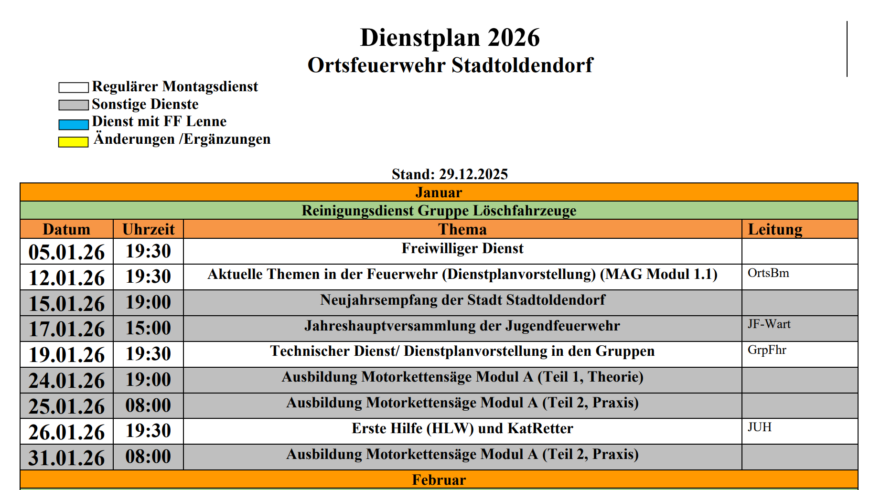 Neuer Dienstplan der Ortsfeuerwehr Stadtoldendorf für 2026 ist online.