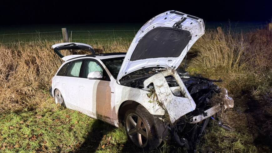 Auslaufende Betriebsstoffe nach Verkehrsunfall mit alleinbeteiligten Fahrzeug bei Wangelnstedt