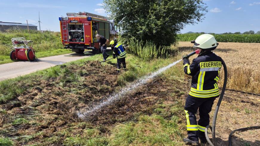 Flächenbrand an Straßenrand und Getreidefeld